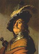 Rembrandt van rijn, Bust of a man in a gorget and a feathered beret.